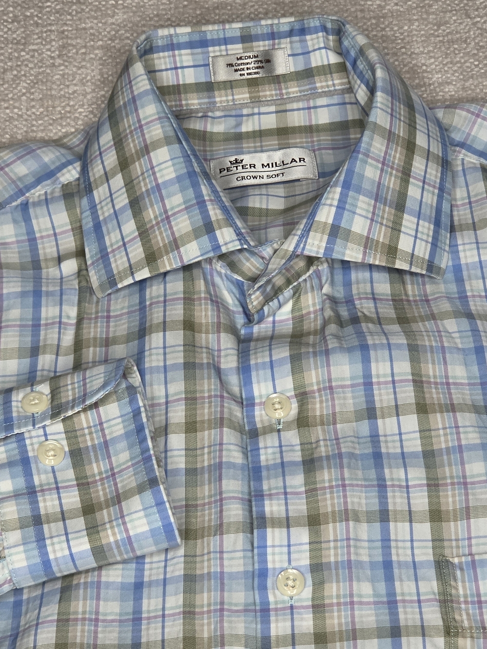 Peter Millar Crown Soft Shirt Mens Medium Cotton Silk Plaid Long Sleeve Blue